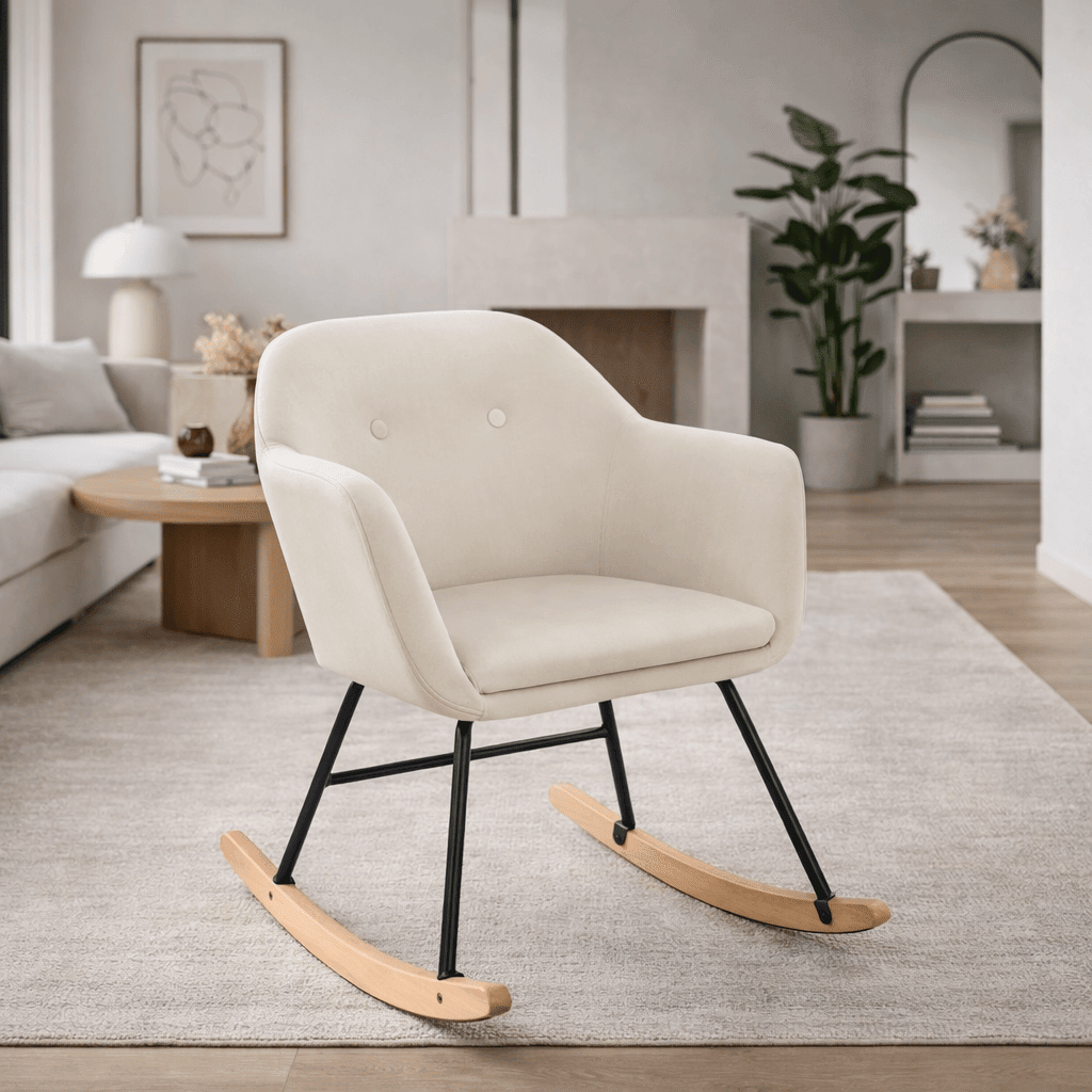 Chaise à bascule scandinave blanche pour allaitement, design moderne et confortable, idéale pour la détente et le confort.