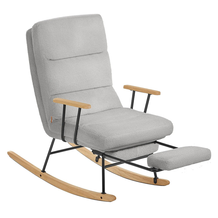 Fauteuil à bascule gris avec repose-pied, confortable et moderne, idéal pour la détente et le repos à la maison.