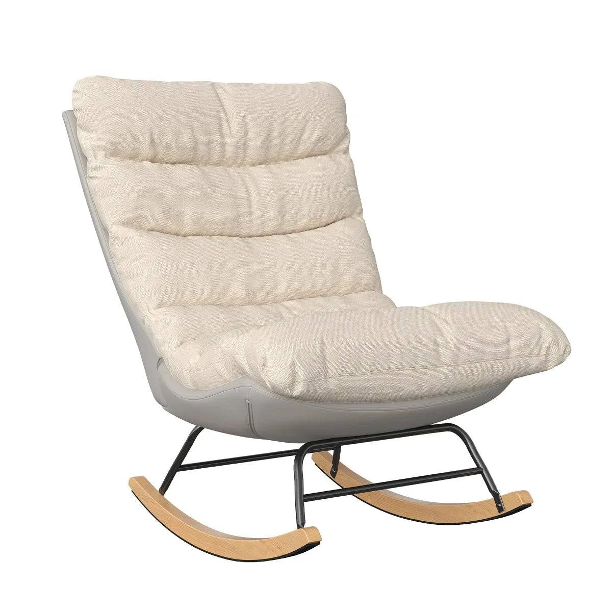 Fauteuil à bascule blanc en bois, style contemporain, avec coussin rembourré pour un confort optimal.