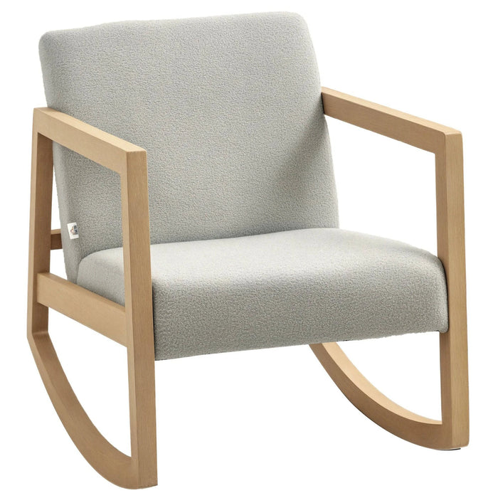 Fauteuil à bascule en bois avec coussin beige, design élégant et naturel, idéal pour la détente et la relaxation.