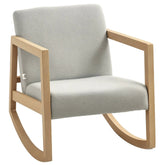 Fauteuil à bascule en bois avec coussin beige, design élégant et naturel, idéal pour la détente et la relaxation.