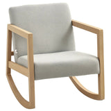 Fauteuil à bascule en bois avec coussin beige, design élégant et naturel, idéal pour la détente et la relaxation.