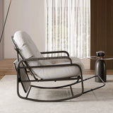 Fauteuil à bascule design gris, moderne et élégant, avec structure en bois et coussin rembourré pour le confort.