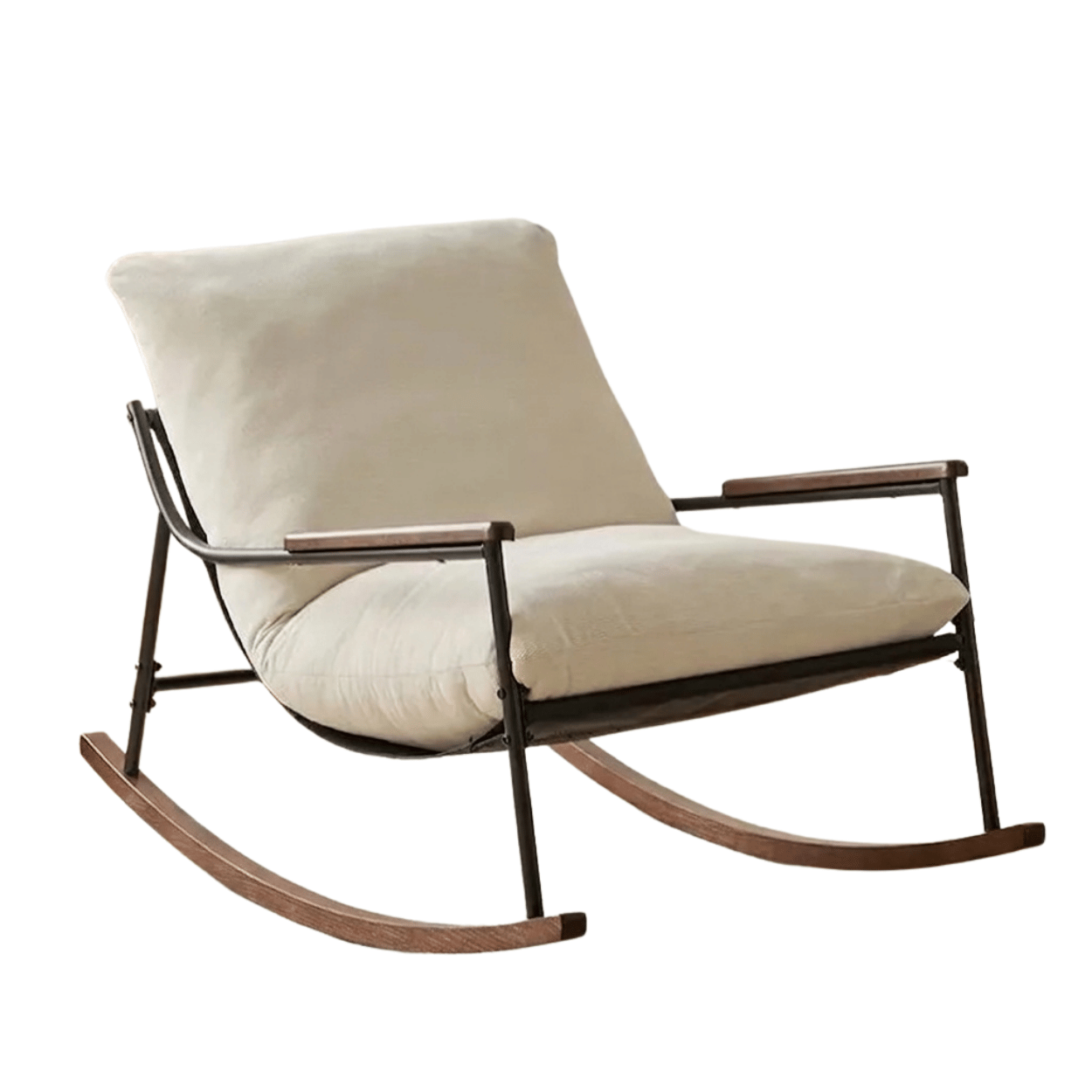 Fauteuil à bascule en velours avec design scandinave, moderne et élégant, idéal pour un intérieur contemporain.