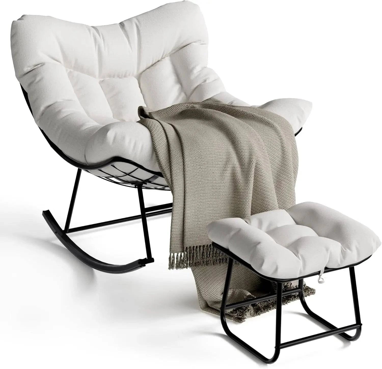Fauteuil à bascule oversize avec repose-pieds en tissu confortable, idéal pour la détente et la relaxation à la maison.