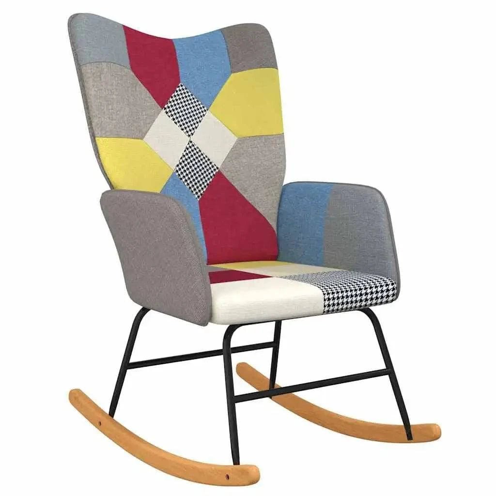Fauteuil à bascule patchwork en tissu coloré, confortable et design, idéal pour un salon ou une chambre, par Cazamoon.com.
