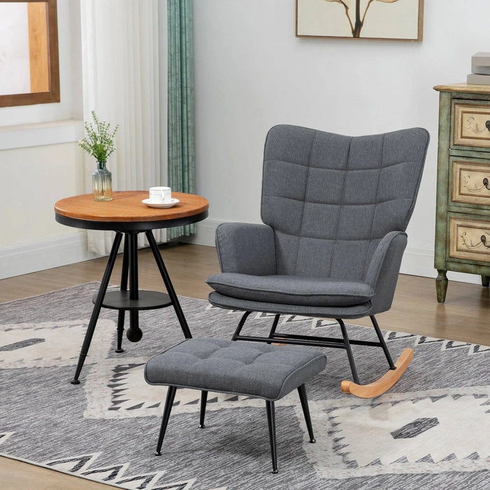 Fauteuil à bascule scandinave en bois clair et coussins gris, design épuré et confortable, style moderne et élégant.