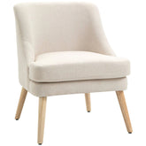 Fauteuil beige scandinave avec bois clair et coussin rembourré, style moderne et épuré, dans un intérieur lumineux.