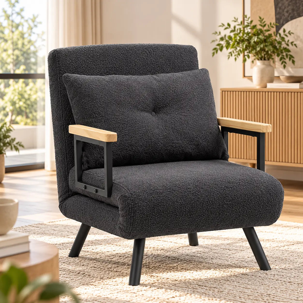 Fauteuil convertible en lit effet peau de mouton