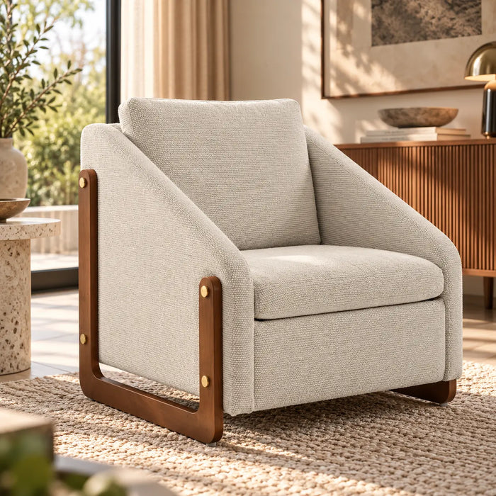 Fauteuil cube en chenille et bois blanc