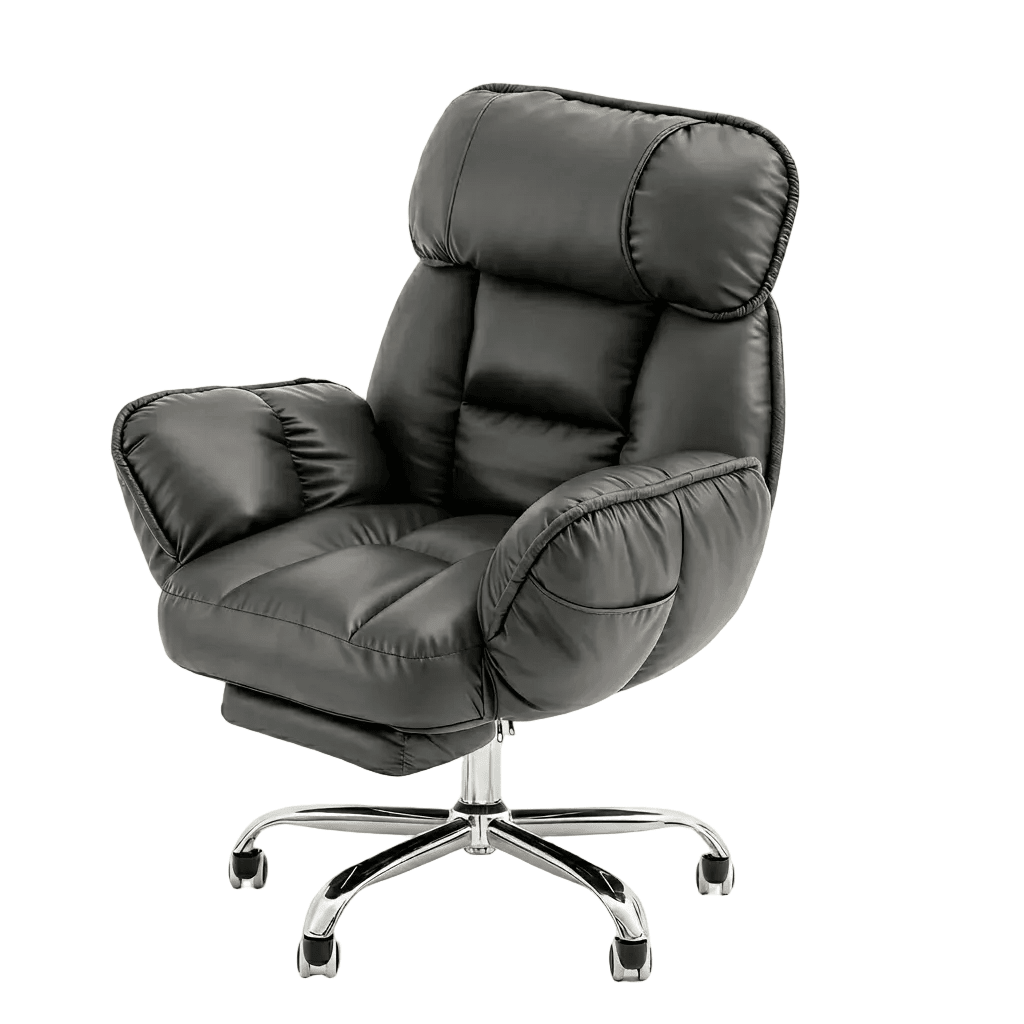 Fauteuil de bureau design en similicuir noir avec dossier ergonomique et accoudoirs modernes pour un espace de travail élégant.