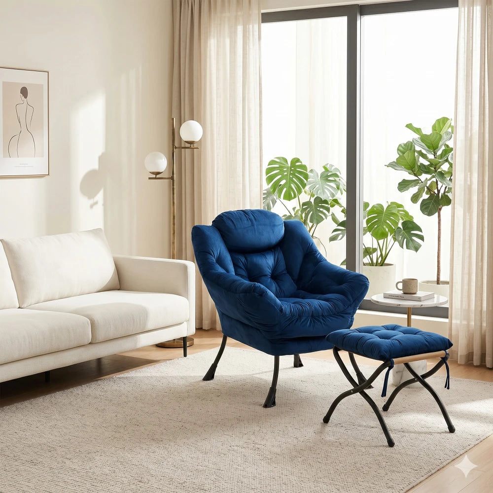 Fauteuil design avec repose-pied bleu marine