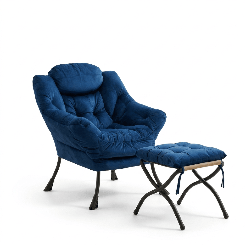 Fauteuil design bleu marine avec repose-pied, style moderne et confortable, idéal pour salon ou espace détente.