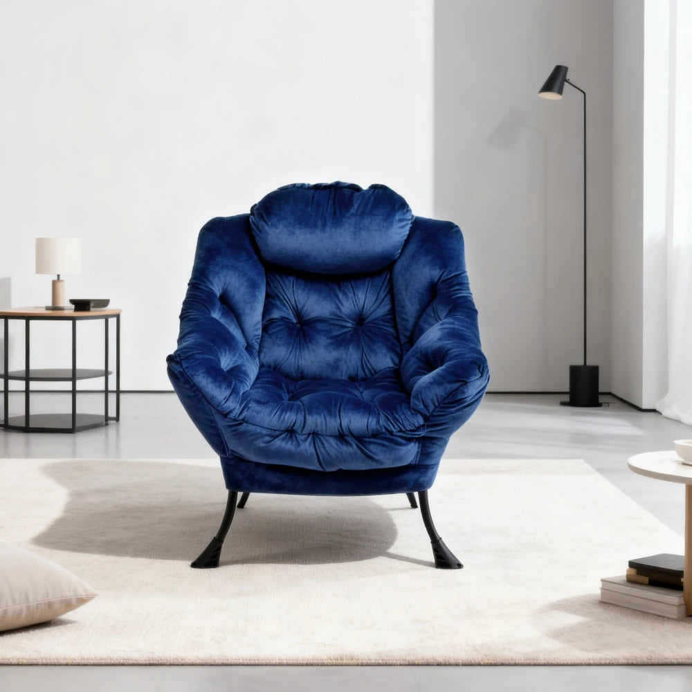 Fauteuil design bleu marine avec repose-pied