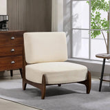 Fauteuil design bouclé et bois blanc avec cadre en bois clair, assise confortable et style moderne.