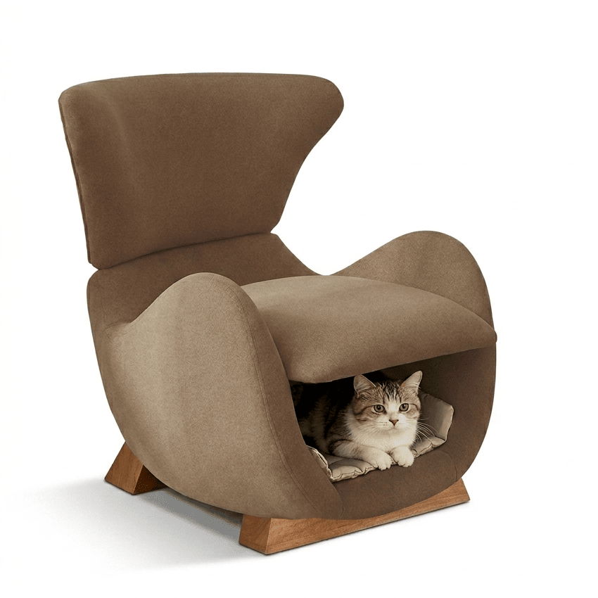Fauteuil design marron avec niche pour chat,