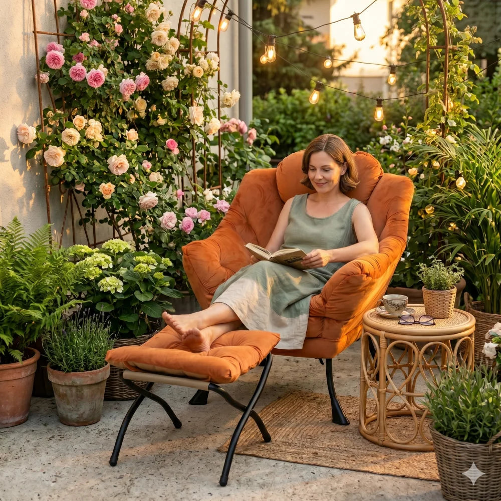 Fauteuil design orange avec repose-pied