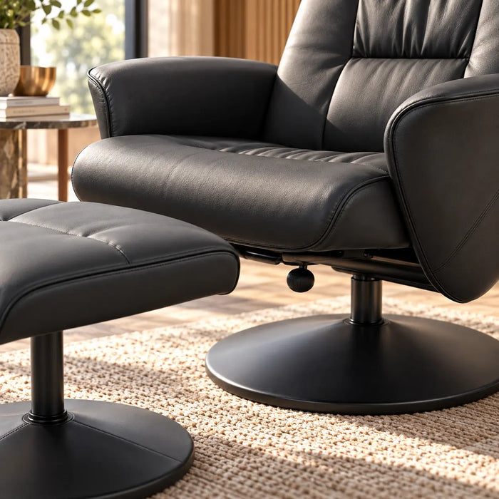 Fauteuil pivotant noir et son repose-pieds