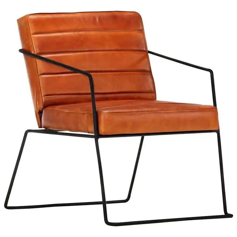 Fauteuil en cuir véritable style industriel avec structure en métal noir, assise rembourrée pour un look moderne et robuste.