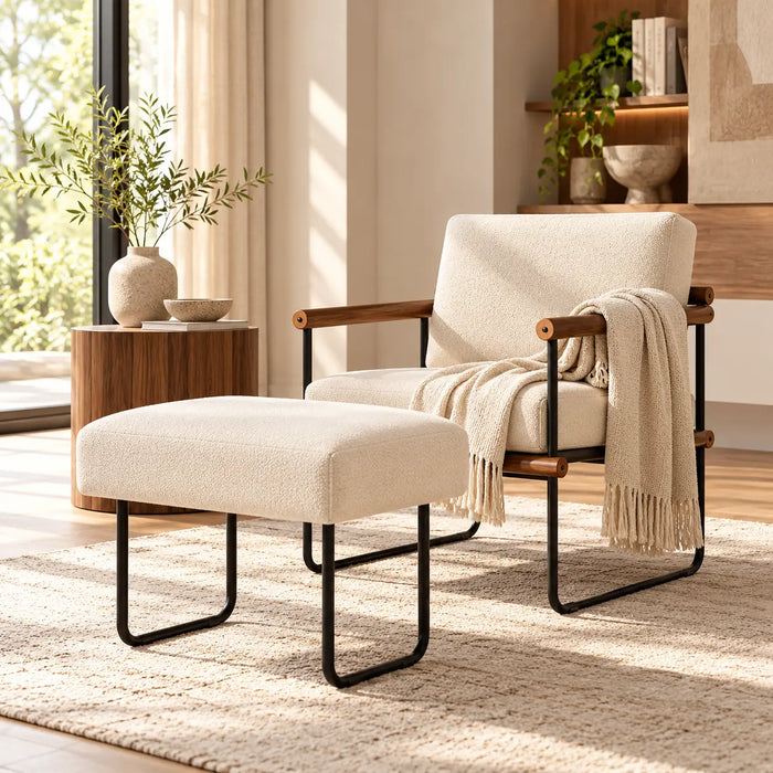 Fauteuil en tissu coton et lin avec repose-pieds beige