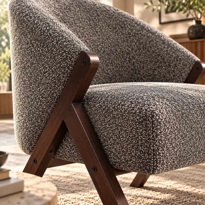 Fauteuil gris mid-century pieds en bois foncé