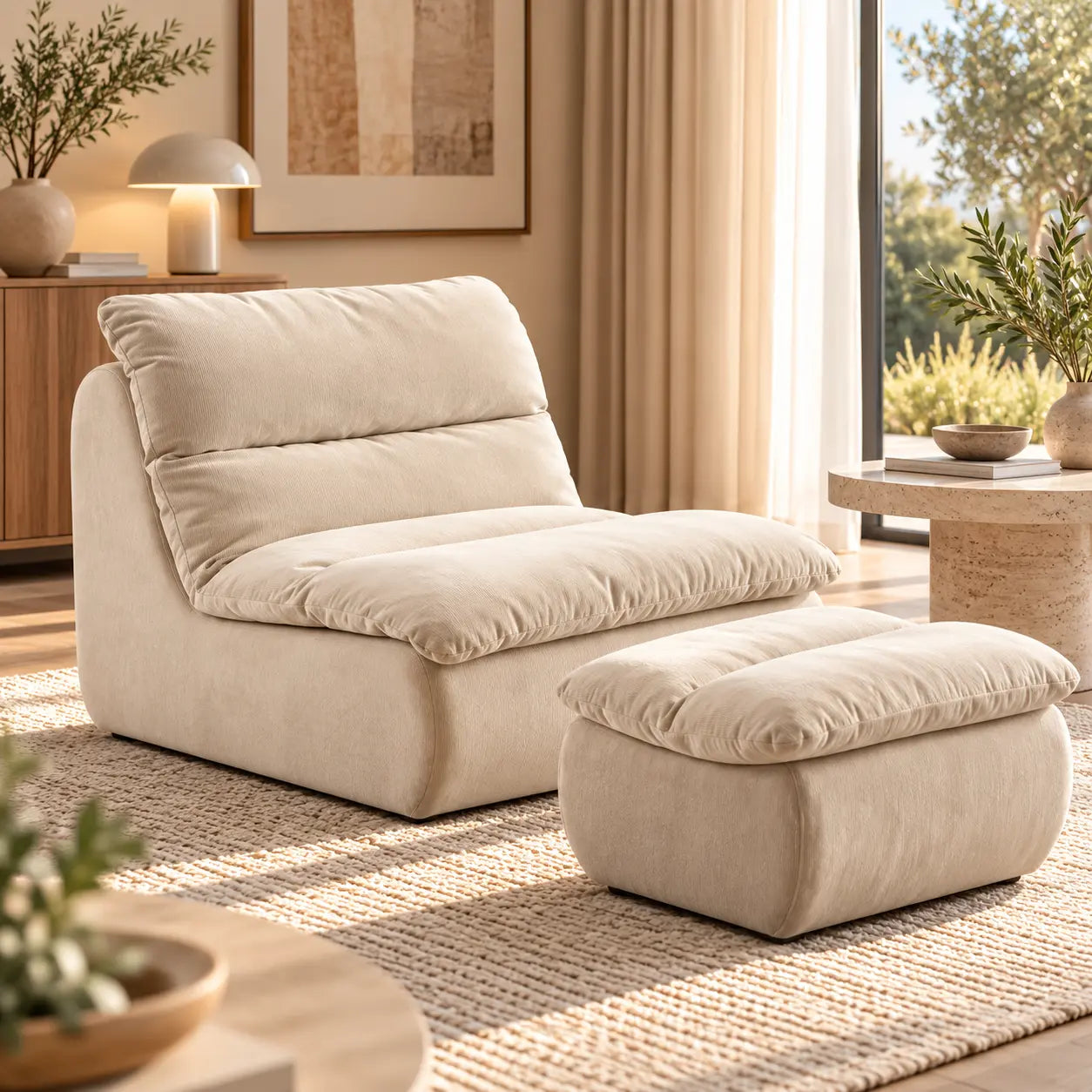 Fauteuil paresseux bas avec pouf blanc