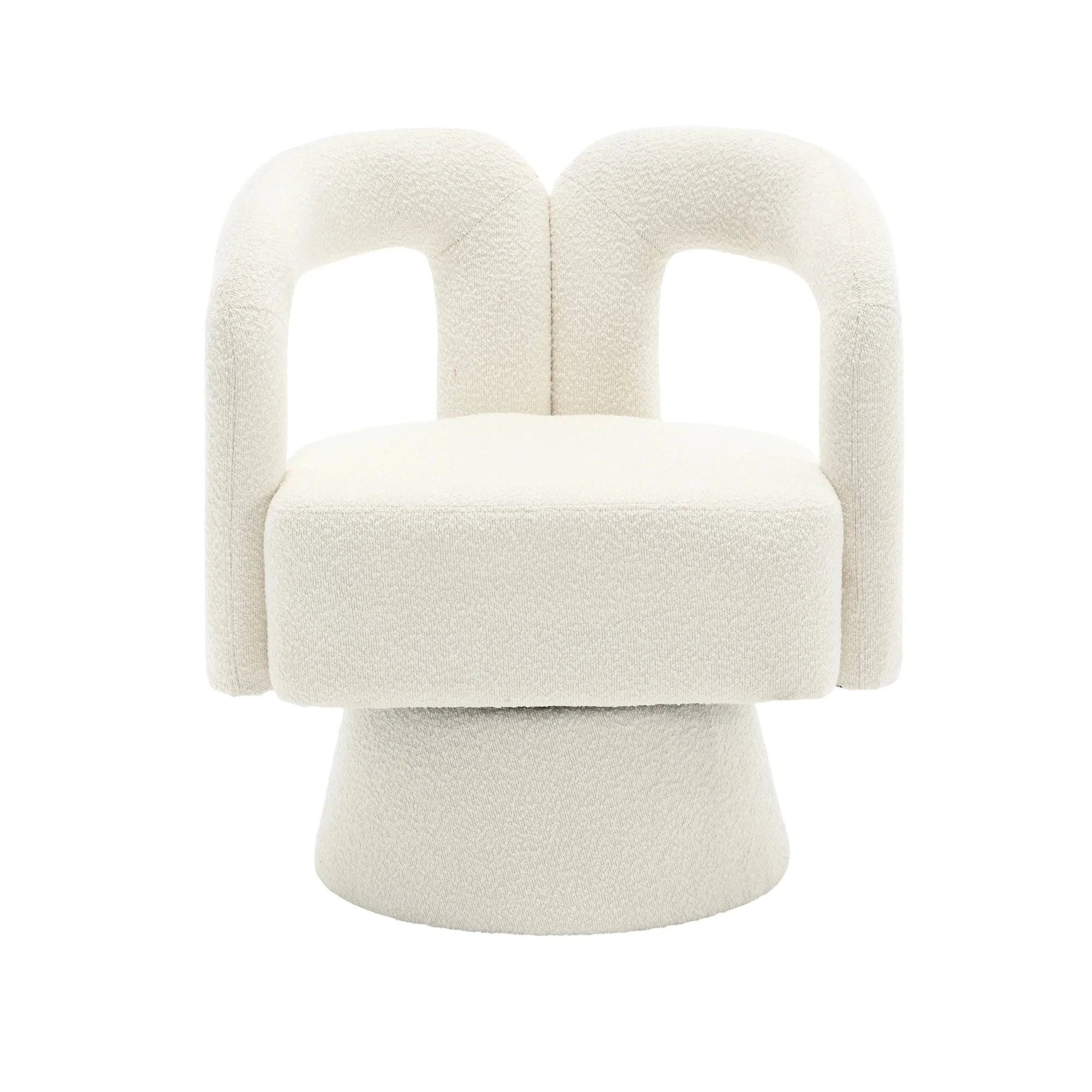 Fauteuil pivotant design italien en tissu beige avec dossier ergonomique et pieds en bois clair, moderne et élégant.