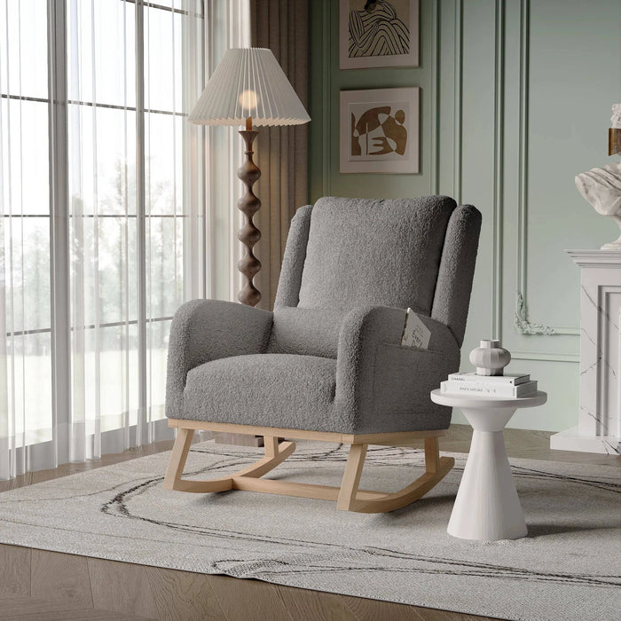 Fauteuil relax à bascule gris de Cazamoon.com, assise confortable avec dossier rembourré et structure en bois robuste.