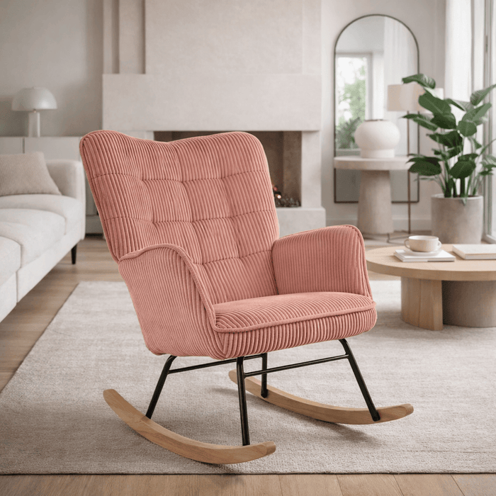 Fauteuil rocking chair rose en tissu, design élégant et confortable, idéal pour salon ou chambre, par Cazamoon.com.
