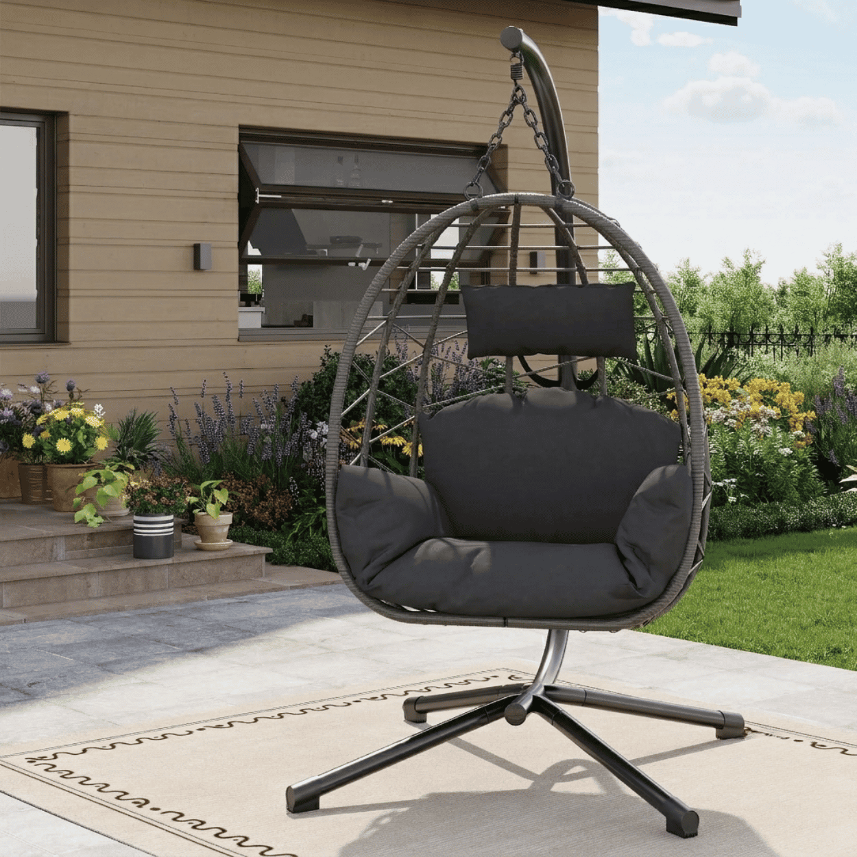 Fauteuil suspendu Œuf en rotin avec pied gris