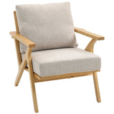Fauteuil design scandinave en bois clair avec coussin blanc, style moderne et épuré, assise confortable, décor intérieur élégant.
