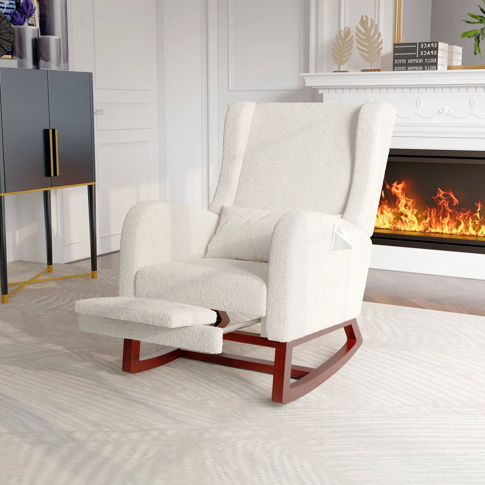 Fauteuil à bascule confortable en tissu beige, design moderne et ergonomique, idéal pour la détente à la maison.