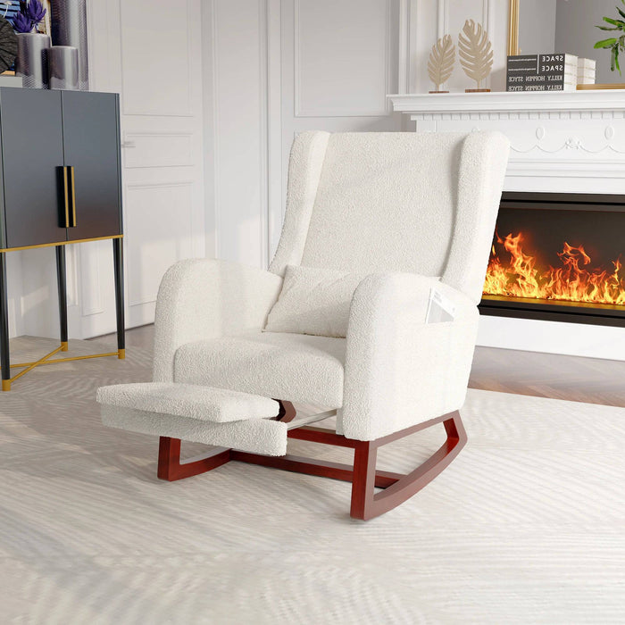 Fauteuil à bascule confortable en tissu beige, design moderne et ergonomique, idéal pour la détente à la maison.