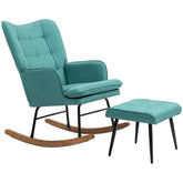 Chaise berçante vintage en bois avec coussins, style rétro, conçue par Cazamoon.com, visible avec ses détails en bois et assise confortable.
