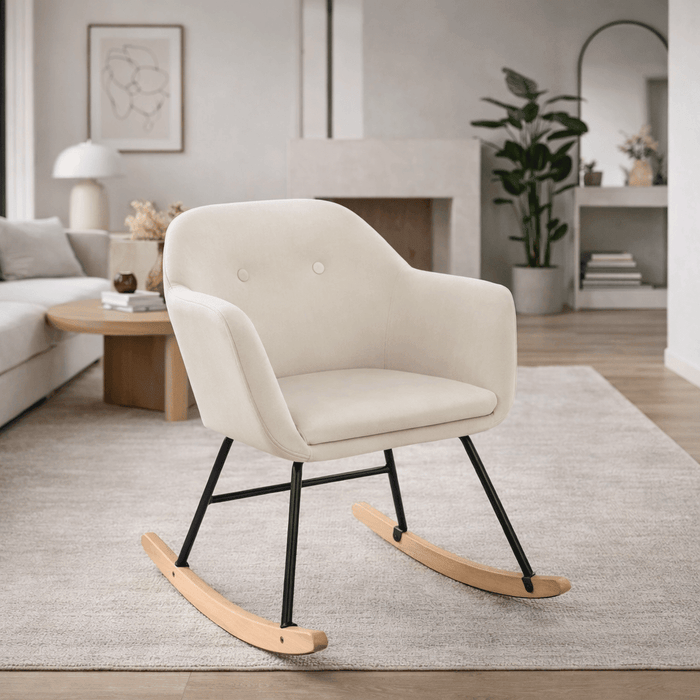 Chaise à bascule scandinave blanche pour allaitement, design moderne et confortable, idéale pour la détente et le confort.