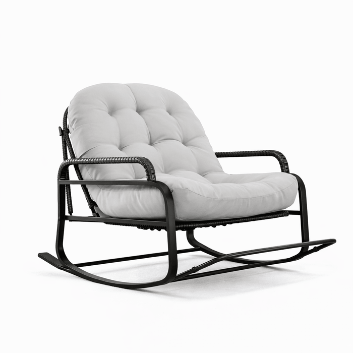 Fauteuil à bascule design Cazamoon.com en tissu gris clair, avec structure en bois élégant et coussin confortable.