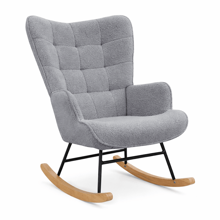 Fauteuil à bascule gris Cazamoon.com, fauteuil confortable avec repose-pieds, parfait pour la détente et la lecture.