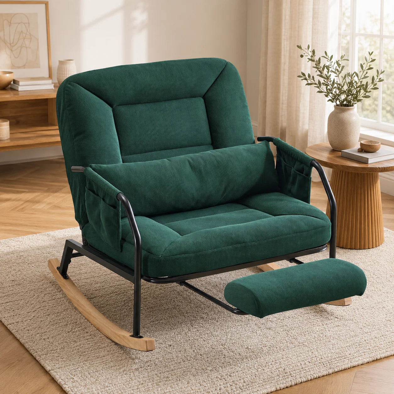 Fauteuil à bascule réglable en velours corduroy avec repose-pieds rétractable, poches latérales et coussin lombaire, cadre métallique robuste.