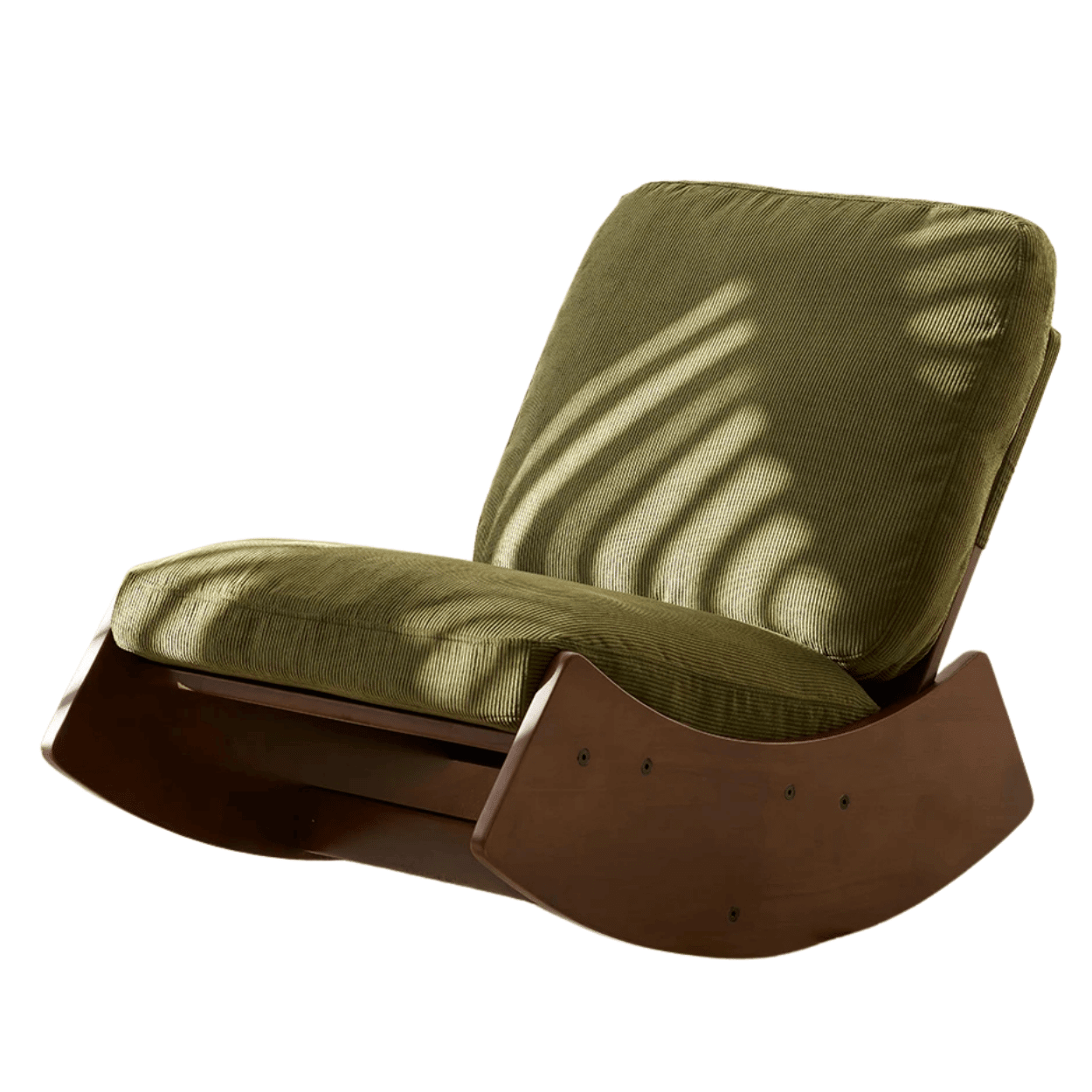 Fauteuil à bascule design contemporain de couleur verte, avec cadre en bois et coussin confortable, parfait pour la détente moderne.
