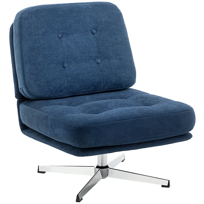 Fauteuil pivotant HOMCOM en tissu chenille bleu foncé, sans accoudoirs, avec large siège et jambes croisées, dimensions 70x87x84 cm.