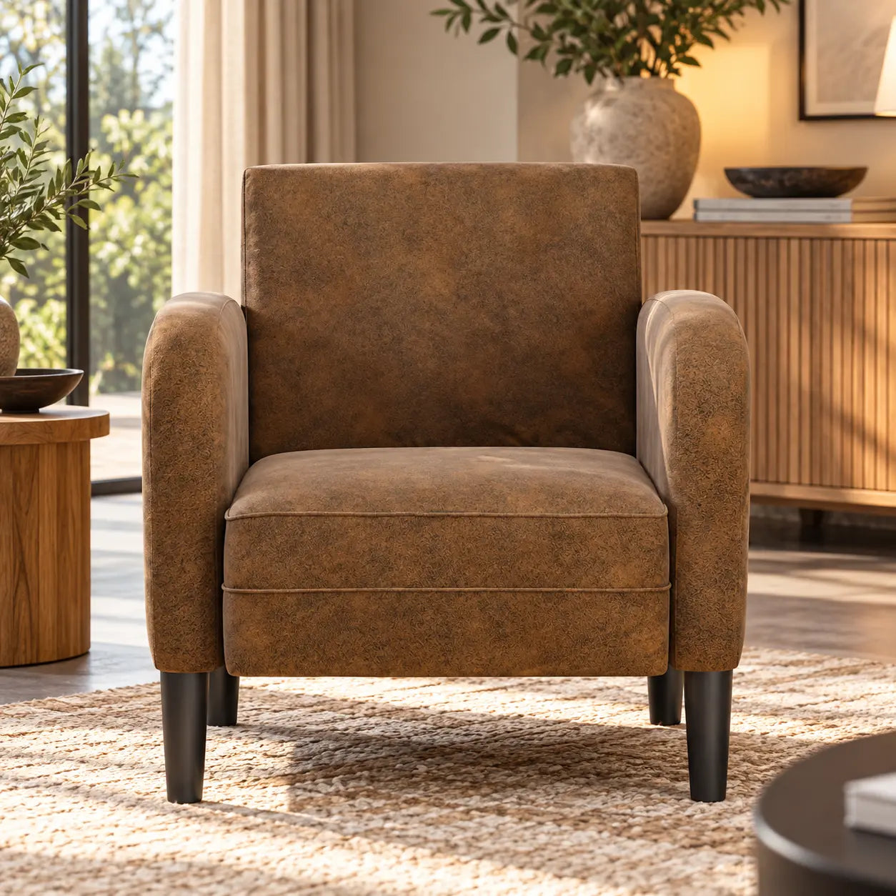 Fauteuil club aspect cuir marron