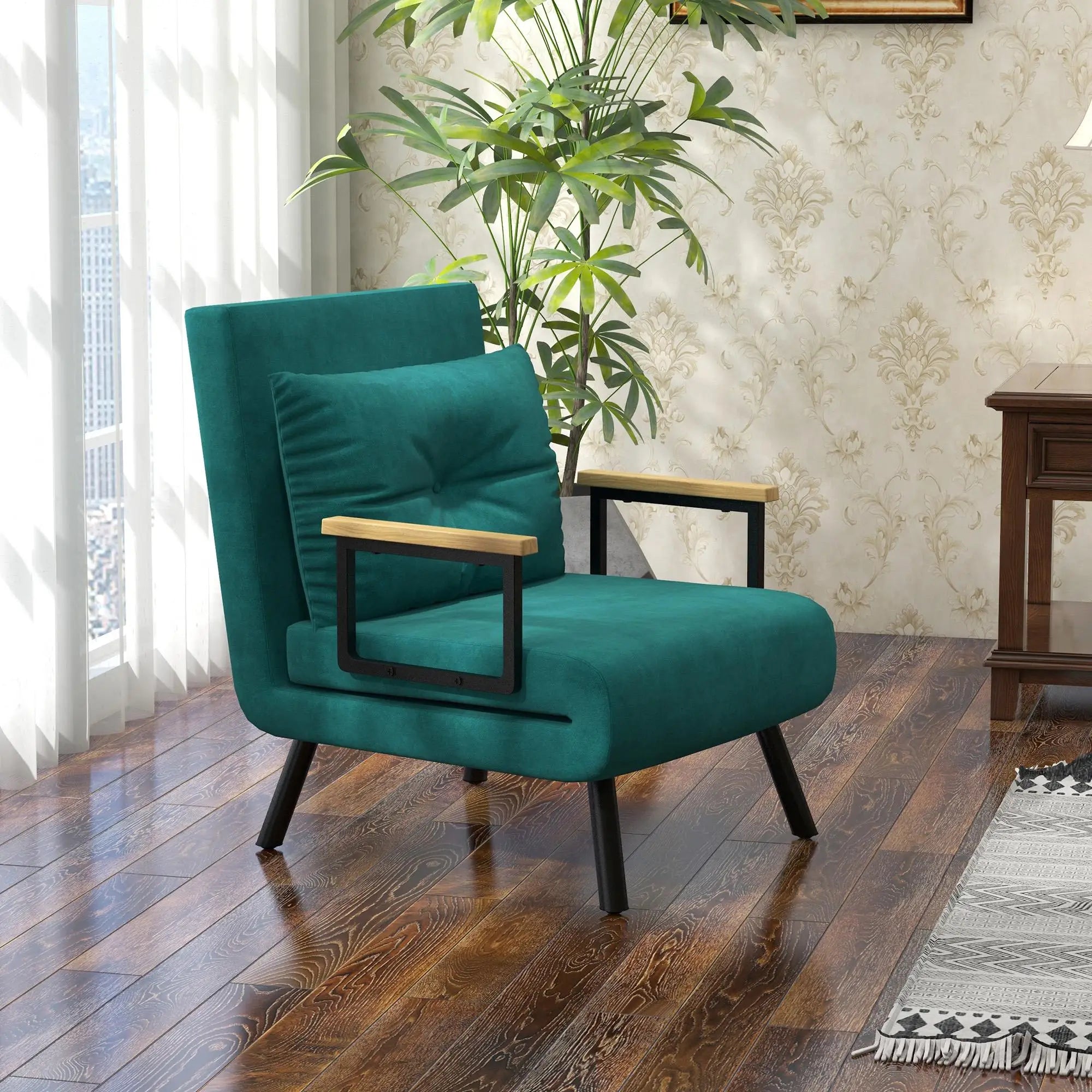 Fauteuil 3-en-1 en velours vert avec dossier ajustable