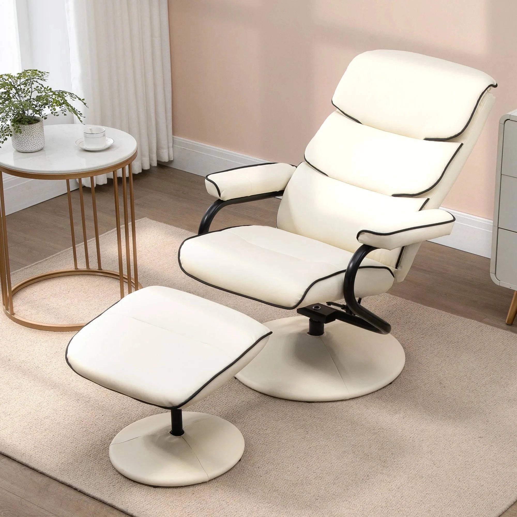Fauteuil relax avec pouf, siège rembourré et inclinable, idéal pour salon ou chambre, design confortable et moderne.