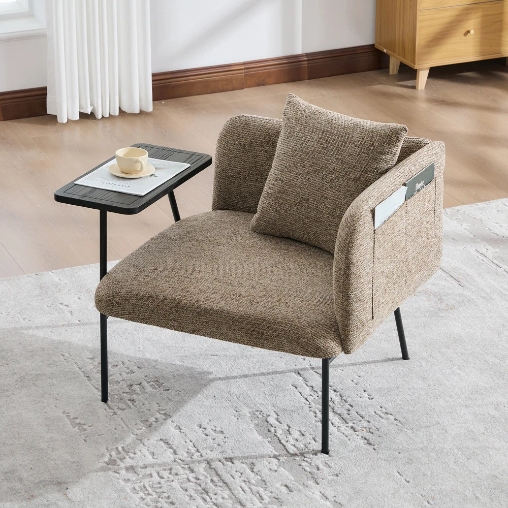 Chaise d'appoint moderne et confortable en tissu avec deux poches de rangement et cadre en métal, incluant une table d'appoint.