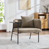 Chaise d'appoint moderne rembourrée avec rangements en tissu confortable et cadre métallique, accompagnée d'une table d'appoint.