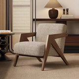 Fauteuil lounge simple avec cadre en bois et tissu beige,