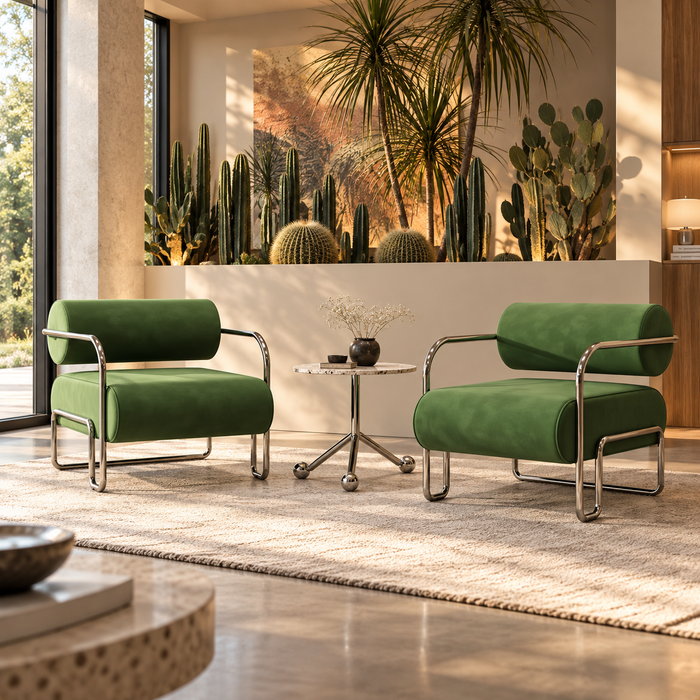 Fauteuil lounge chrome et velours vert