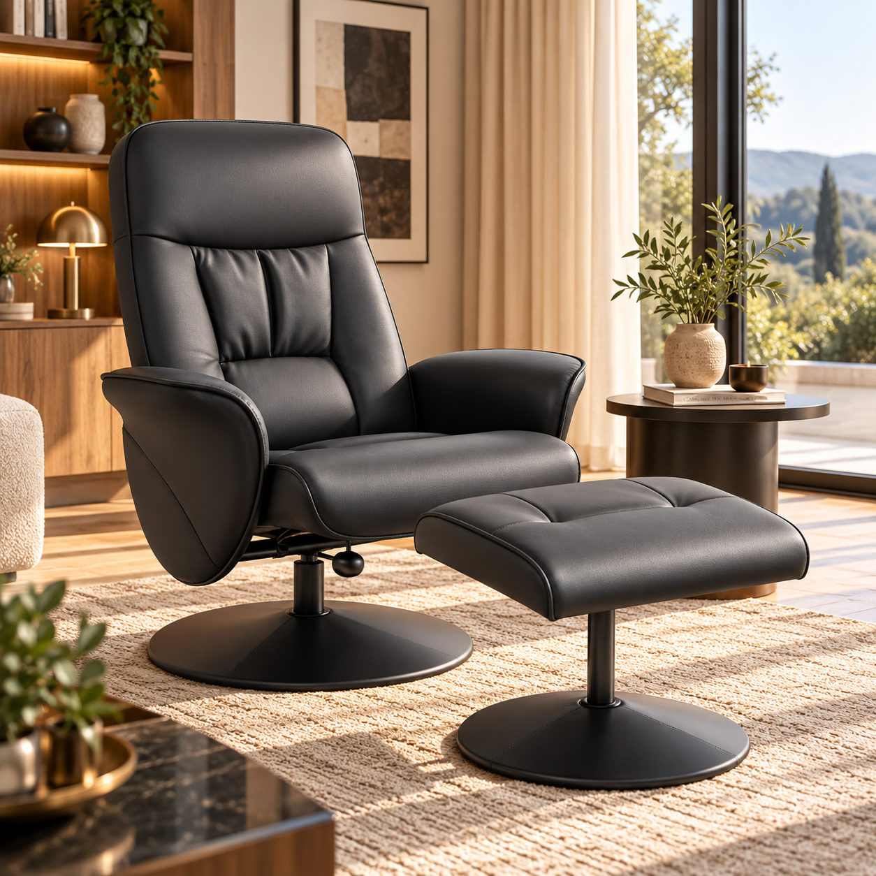 Fauteuil TV pivotant noir et son repose-pieds