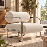 Fauteuil lounge rétro chrome et velours blanc