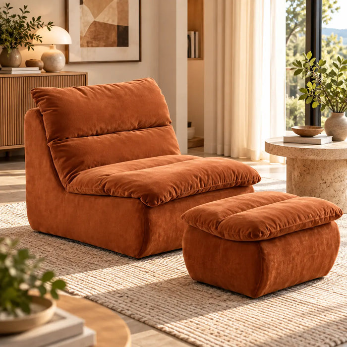 Fauteuil paresseux bas avec pouf terracotta